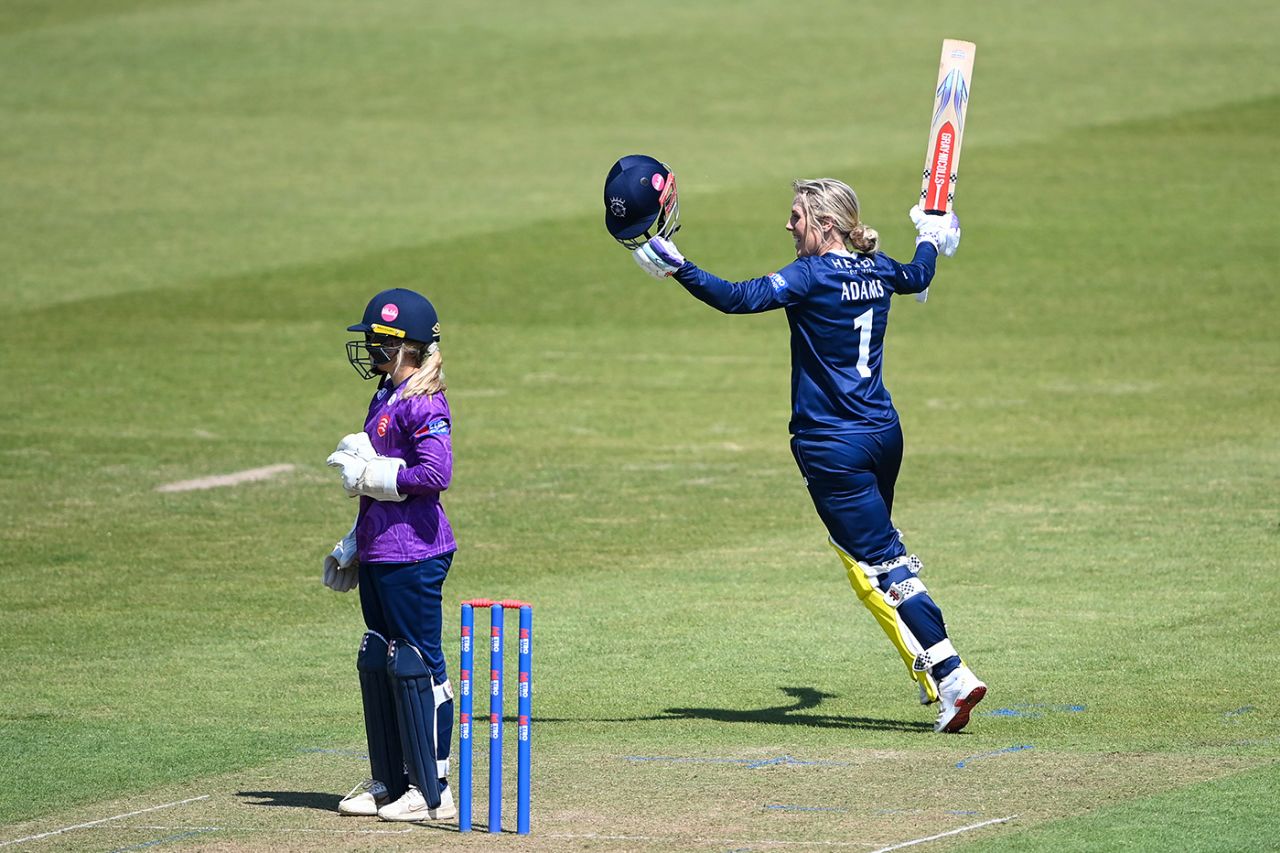 Georgia Adams celebrates her century, Metro Bank One-Day Cup Women, Hampshire vs Essex, Southampton, May 11, 2025