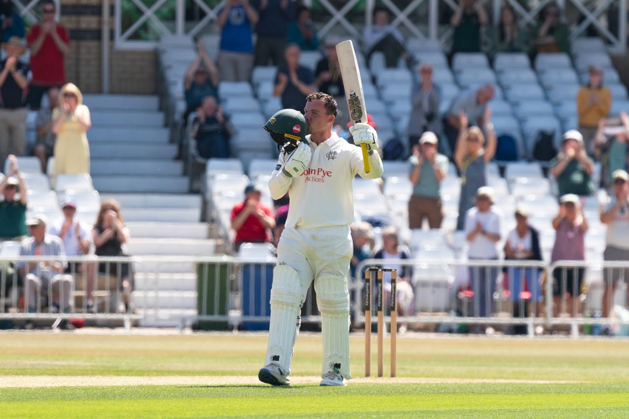 Liam Patterson-White celebrates completing his first century at Trent Bridge, County Championship, Division One, Nottinghamshire vs Hampshire, Trent Bridge, May 11, 2025