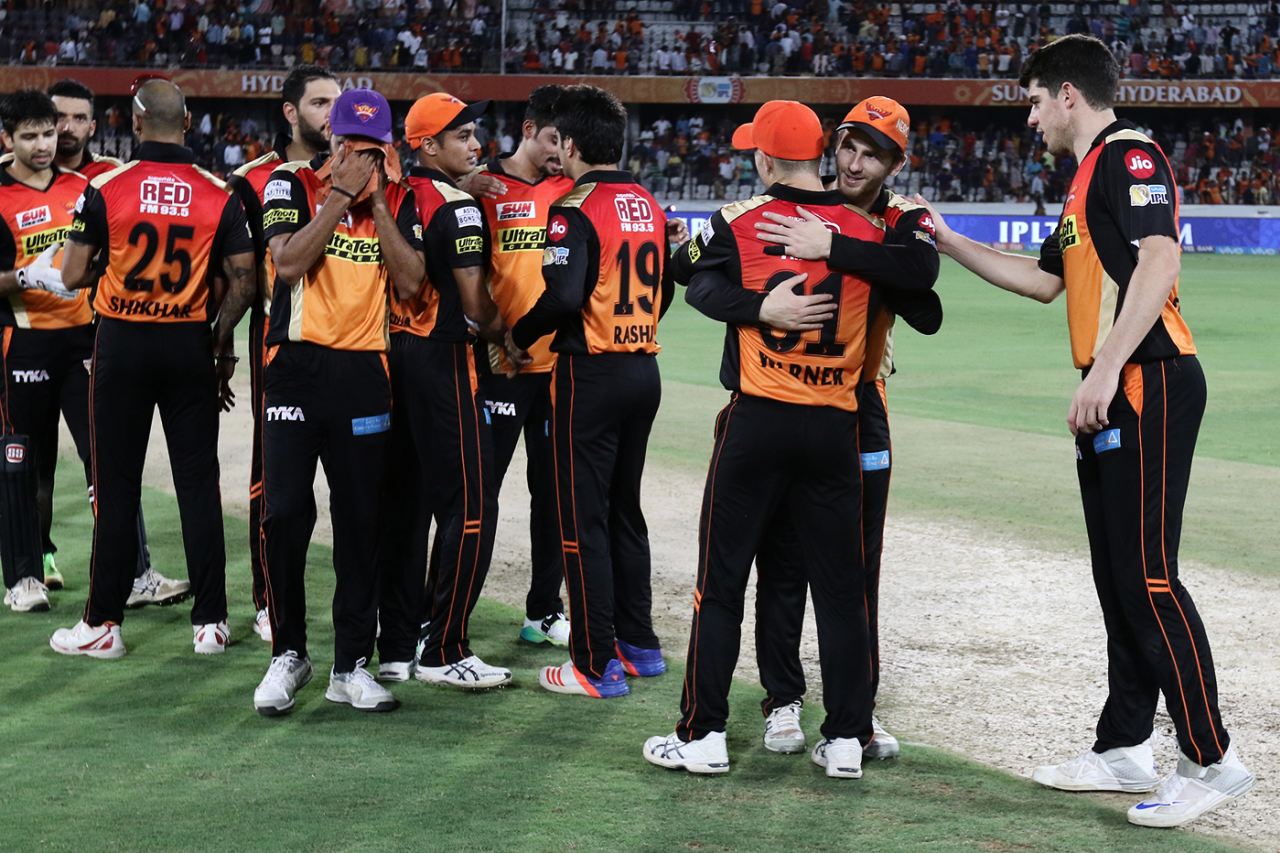 Kane Williamson hugs David Warner and Sunrisers players celebrate their win, Sunrisers Hyderabad v Kolkata Knight Riders, IPL 2017, Hyderabad, April 30, 2017