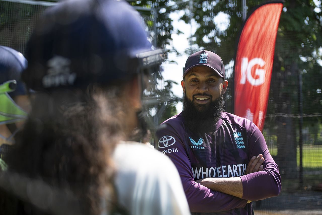 Adil Rashid speaks at a Net Gains event, London, May 14, 2025