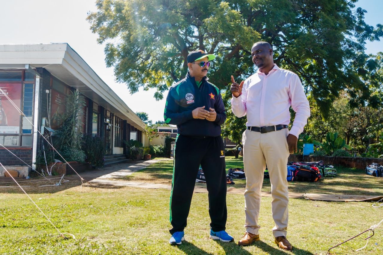 Newly appointed Zimbabwe head coach Lalchand Rajput (left) speaks with Zimbabwe Cricket chairman Tavengwa Mukuhlani, Old Hararians Sports Club, Harare, June 15, 2018