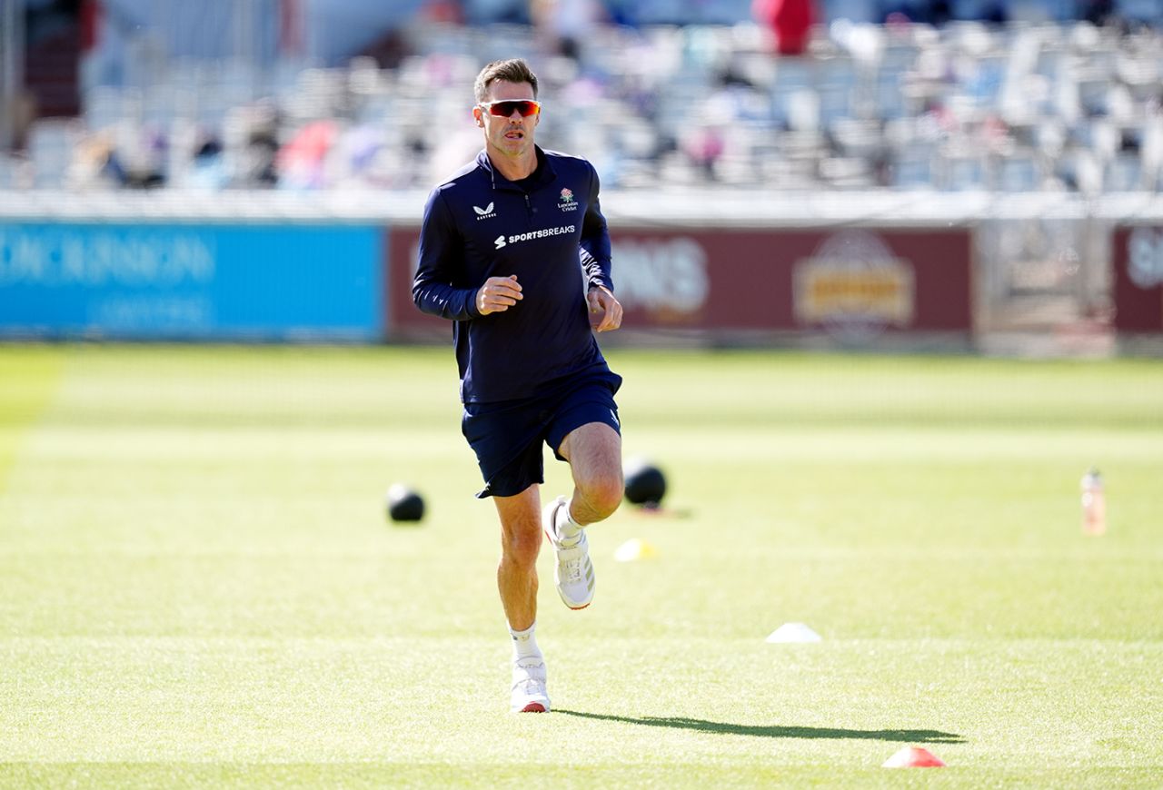 James Anderson warms up before play, Lancashire vs Derbyshire, County Championship, Division Two, Old Trafford, May 16, 2025