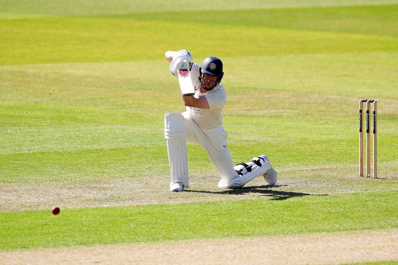 Luke Wells drives during his half-century, Lancashire vs Derbyshire, County Championship, Division Two, Old Trafford, May 16, 2025