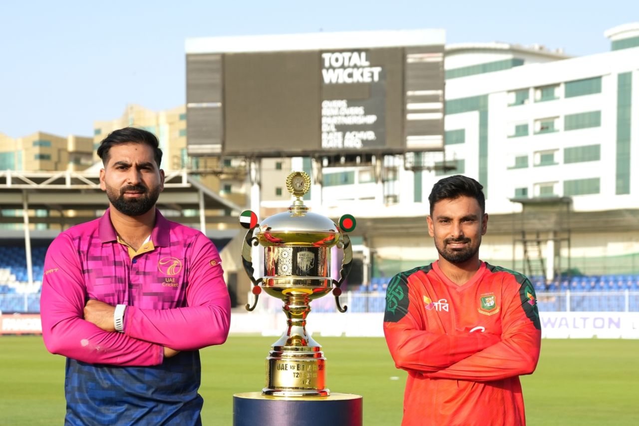 Muhammad Waseem and Litton Das pose with the T20I series trophy, UAE vs Bangladesh, 1st T20I, Sharjah, May 17, 2025