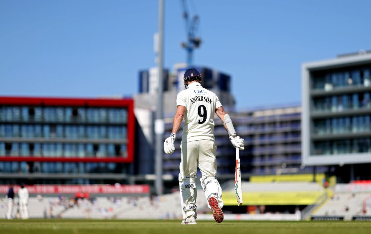 James Anderson walks out to bat for the first time since his Test retirement last July, Lancashire vs Derbyshire, County Championship, Division Two, Old Trafford, May 17, 2025