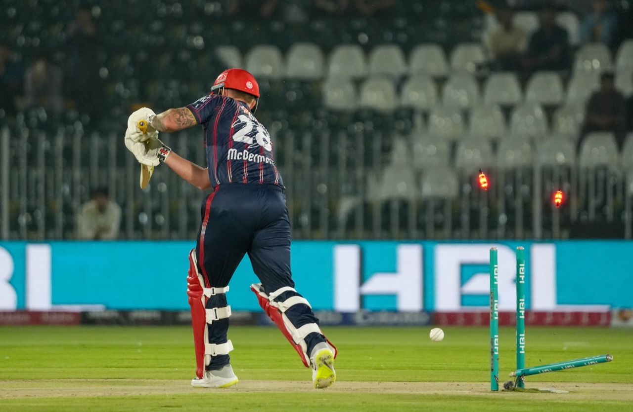 Ben McDermott was bowled first ball, Karachi Kings vs Peshawar Zalmi, Rawalpindi, PSL, May 17, 2025
