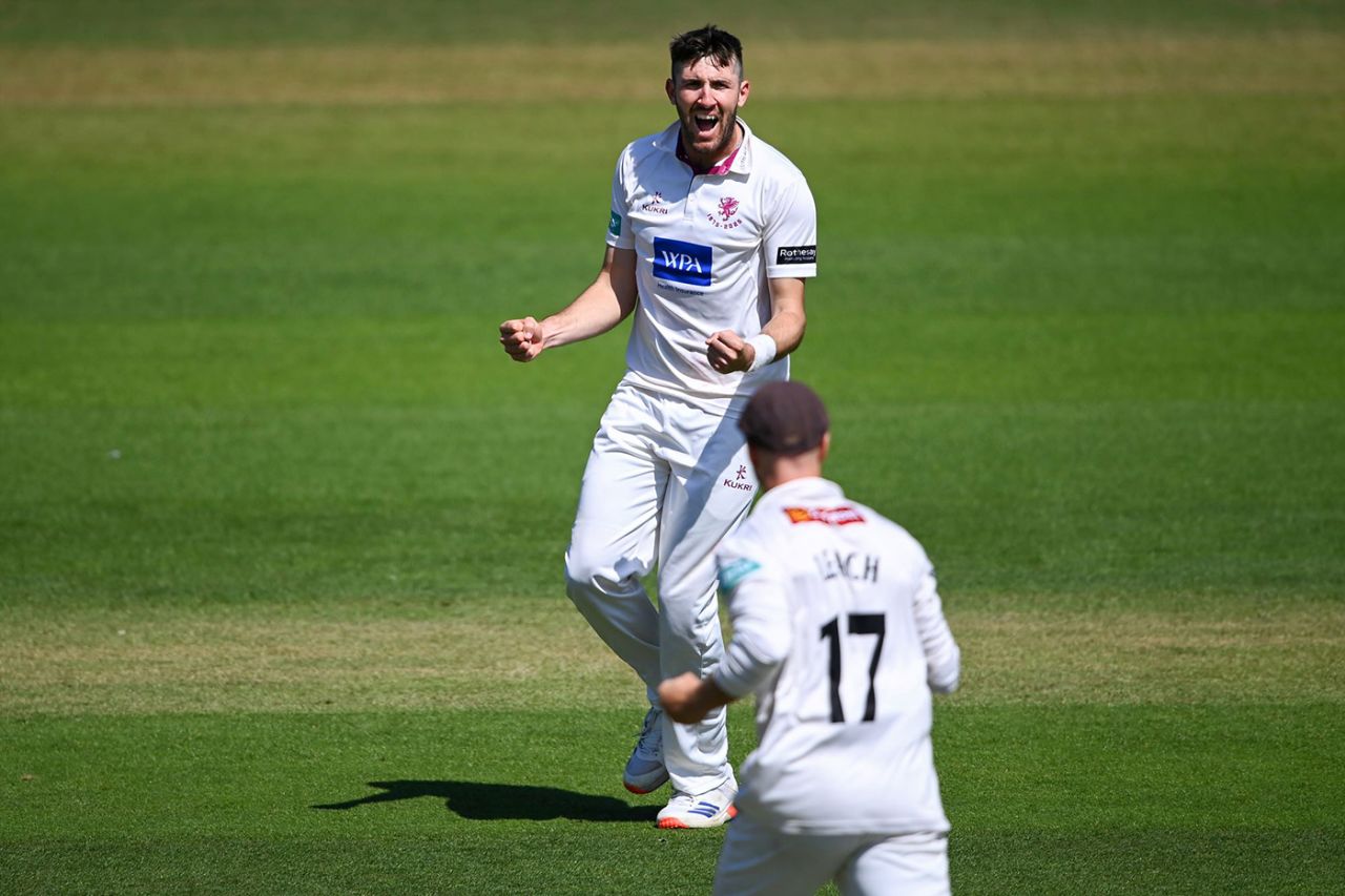 Somerset seamer Craig Overton celebrates taking the wicket of Sussex captain John Simpson, Rothesay County Championship, Division One, Somerset vs Sussex, Taunton, May 17, 2025