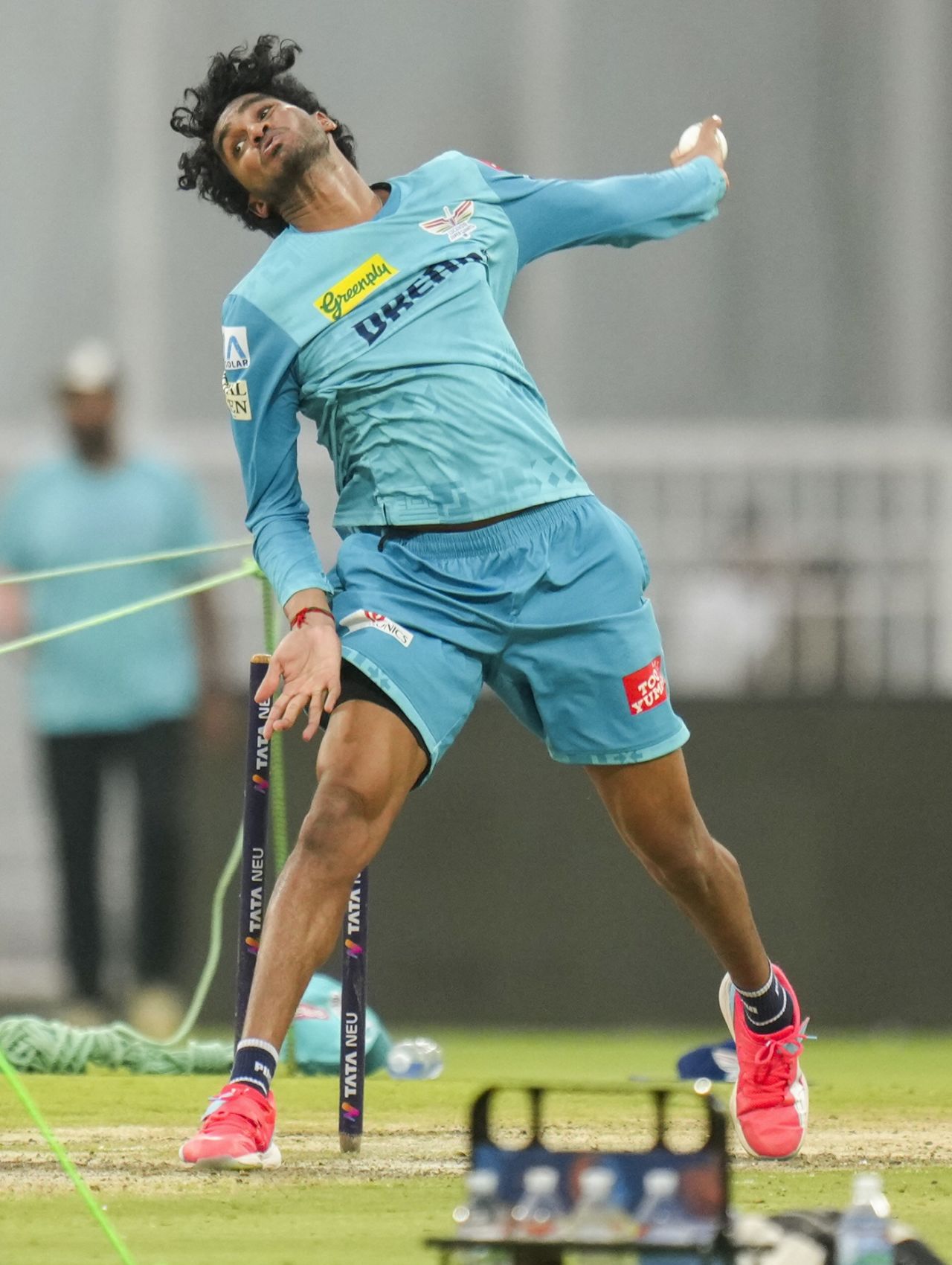 M Siddharth bowls at the nets, Lucknow, May 18, 2025