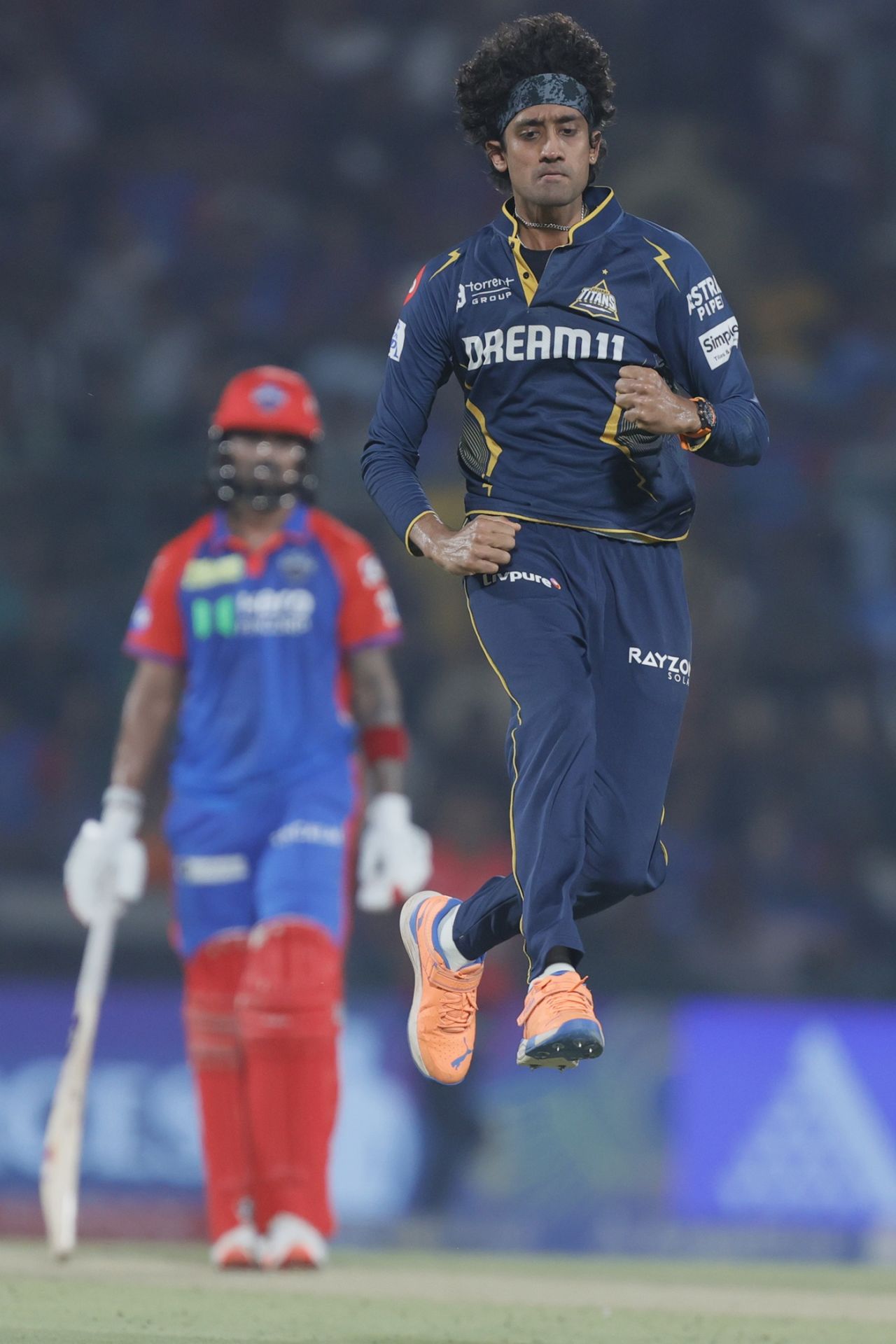Sai Kishore leaps in celebration after a wicket, Delhi Capitals vs Gujarat Titans, IPL 2025, Delhi, May 18, 2025
