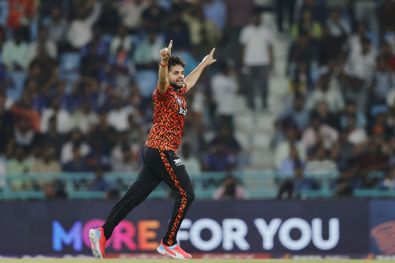 Harsh Dubey celebrates a wicket, Lucknow Super Giants vs Sunrisers Hyderabad, IPL 2025, Lucknow, May 19, 2025