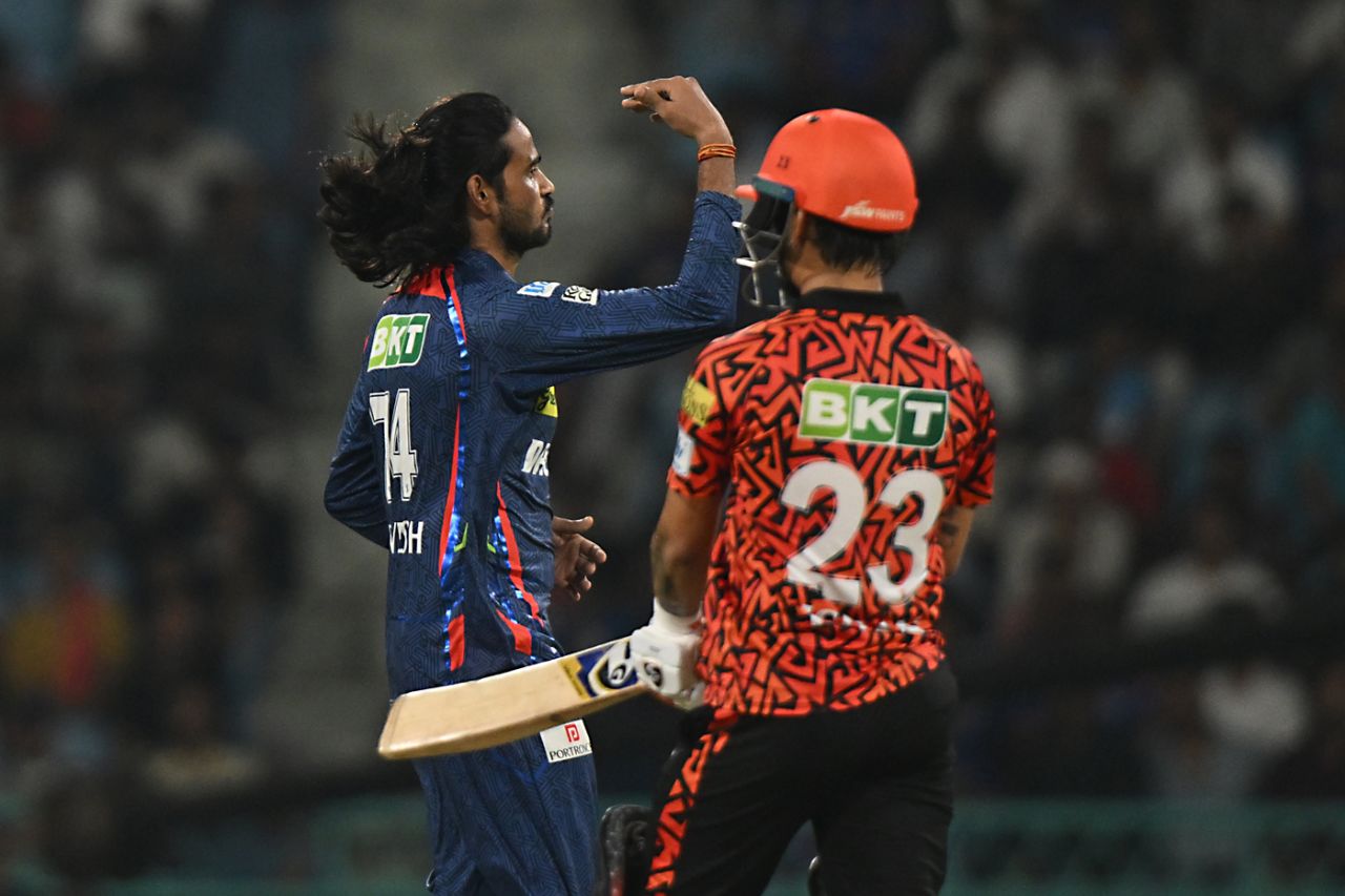 Digvesh Rathi celebrates after knocking over Ishan Kishan, Lucknow Super Giants vs Sunrisers Hyderabad, IPL 2025, Lucknow, May 19, 2025