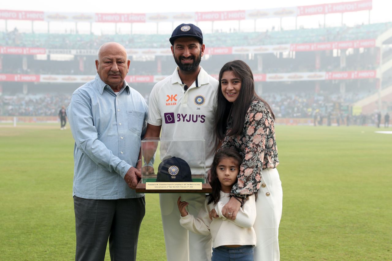 Cheteshwar Pujara celebrates getting his 100th Test cap with his family India vs Australia, 2nd Test, Delhi, 1st day, February 17, 2023