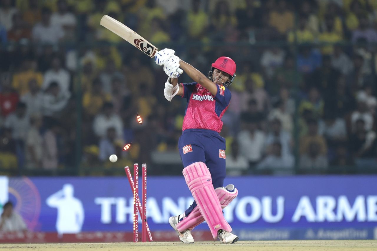Yashasvi Jaiswal had his off pole pegged back by Anshul Kamboj, Chennai Super Kings vs Rajasthan Royals, IPL 2025, Delhi, May 20, 2025