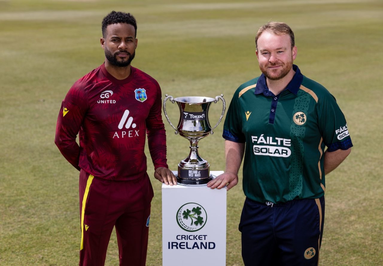 Captains Shai Hope and Paul Stirling pose with the ODI trophy, Dublin, May 20, 2025
