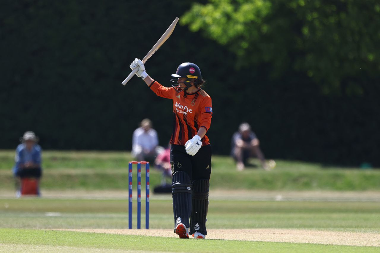 Georgia Elwiss acknowledges her fifty, Surrey vs The Blaze, Women's One-Day Cup, Beckenham, May 14, 2025