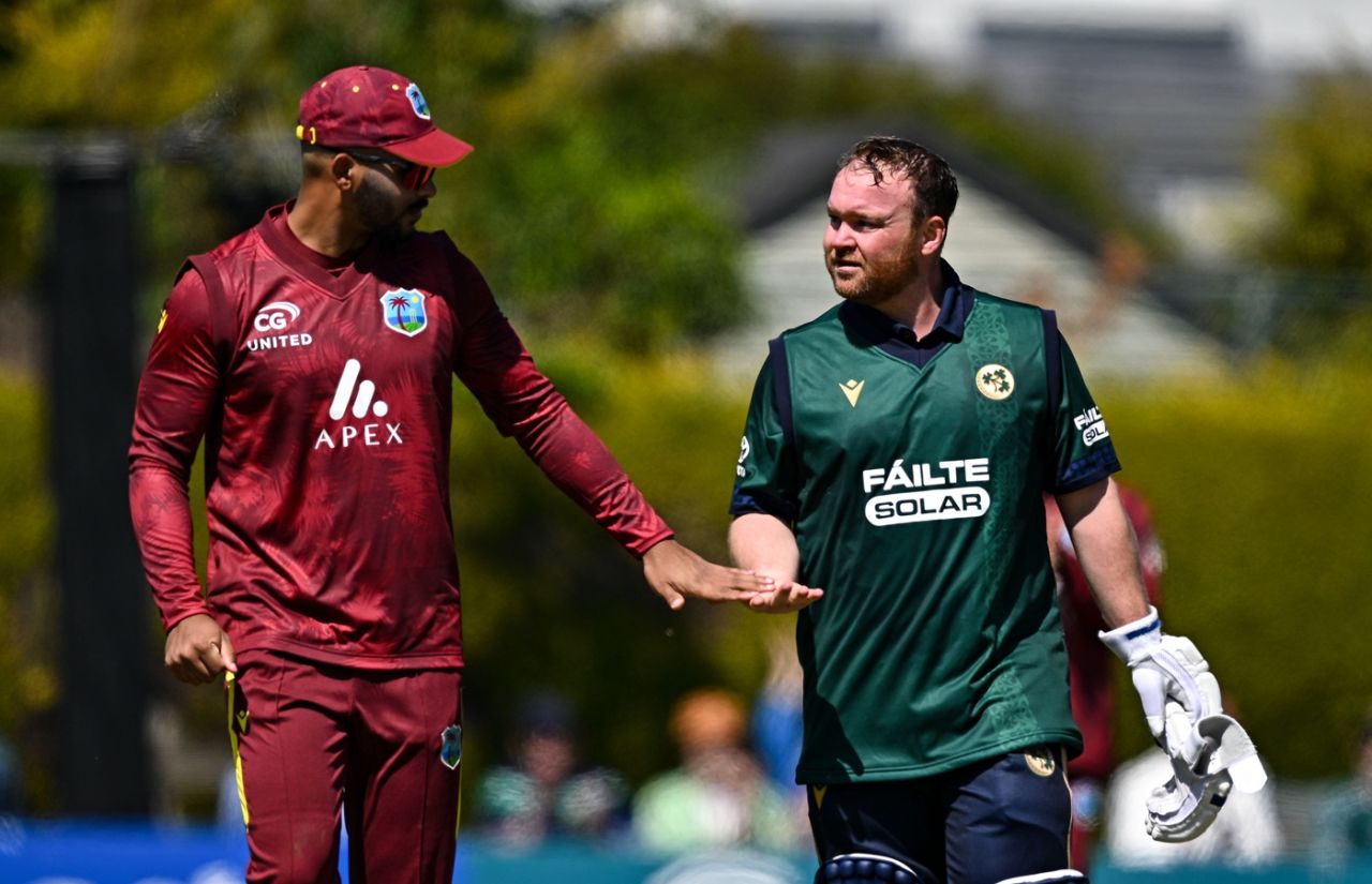 Paul Stirling is congratulated by Brandon King on reaching 10,000 international runs, Ireland vs West Indies, 1st ODI, Dublin, May 21, 2025