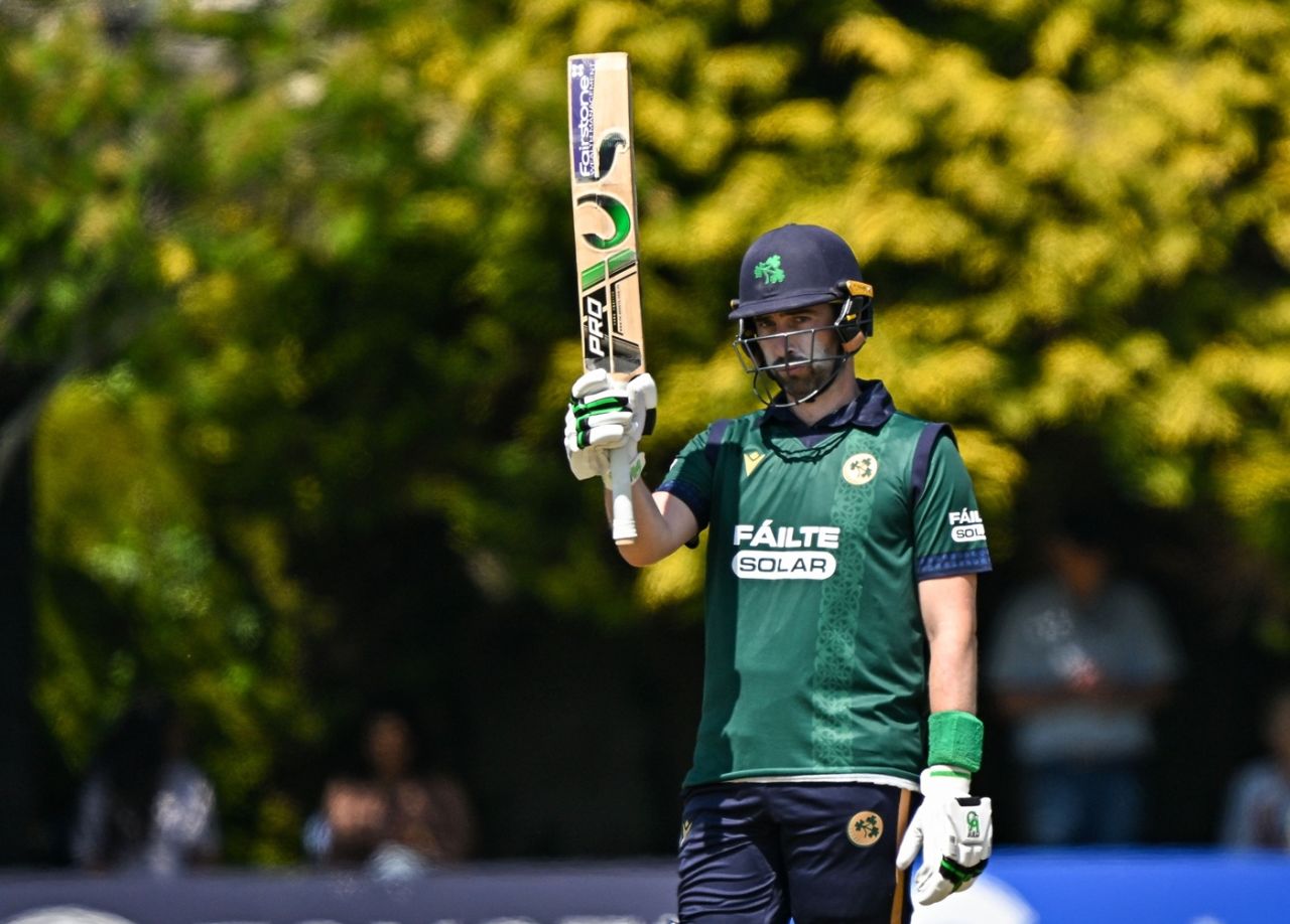 Andy Balbirnie brings up his fifty, Ireland vs West Indies, 1st ODI, Dublin, May 21, 2025