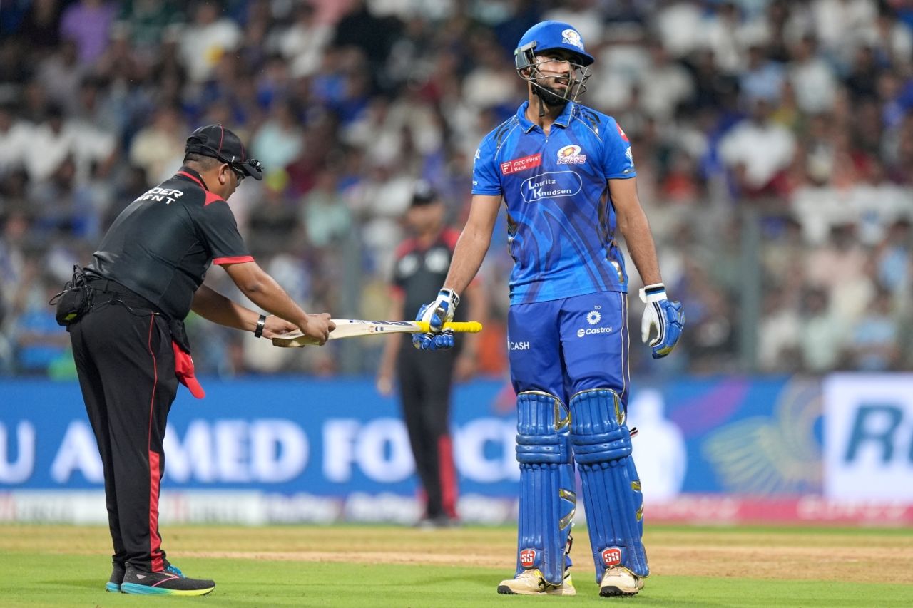 Naman Dhir goes through a bat-gauge check, Mumbai Indians vs Delhi Capitals, IPL 2025, Mumbai, May 21, 2025