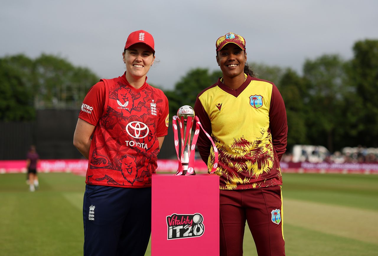 Nat Sciver-Brunt and Hayley Matthews pose with the series trophy, England vs West Indies, 1st women's T20I, Canterbury, May 21, 2025