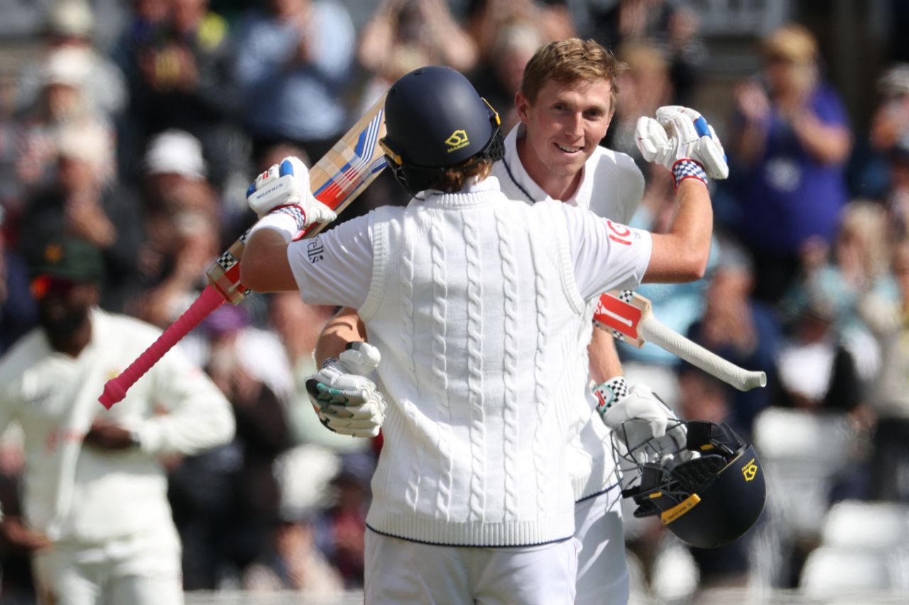 Zak Crawley is congratulated by Ollie Pope after reaching his fifth Test century, England vs Zimbabwe, Trent Bridge, 1st day, May 22, 2025