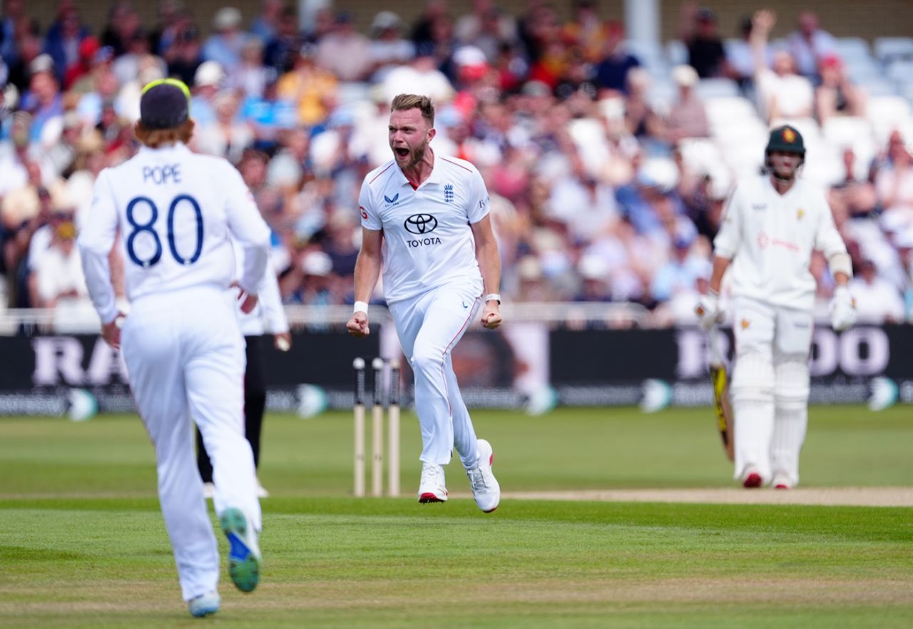 Sam Cook celebrates his maiden Test wicket, England vs Zimbabwe, Trent Bridge, 2nd day, May 23, 2025