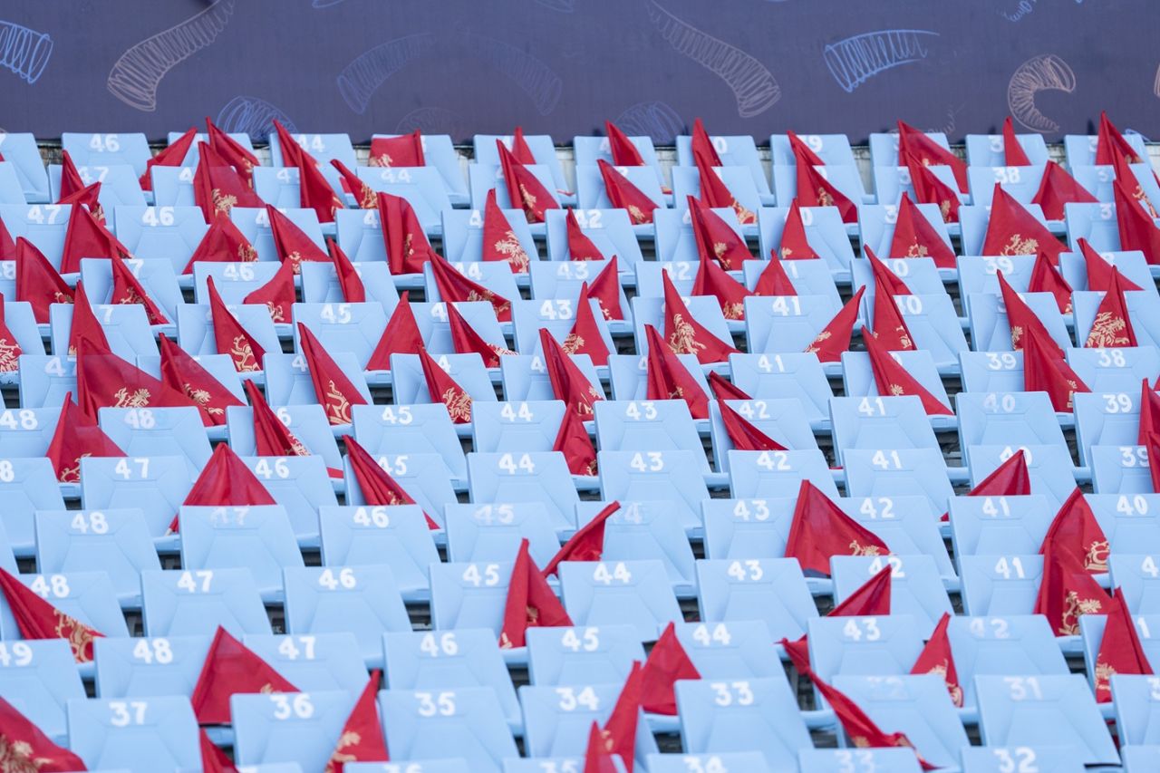 RCB flags lie on the empty seats of the Ekana Stadium, Royal Challengers Bengaluru vs Sunrisers Hyderabad, IPL, Lucknow, May 23, 2025