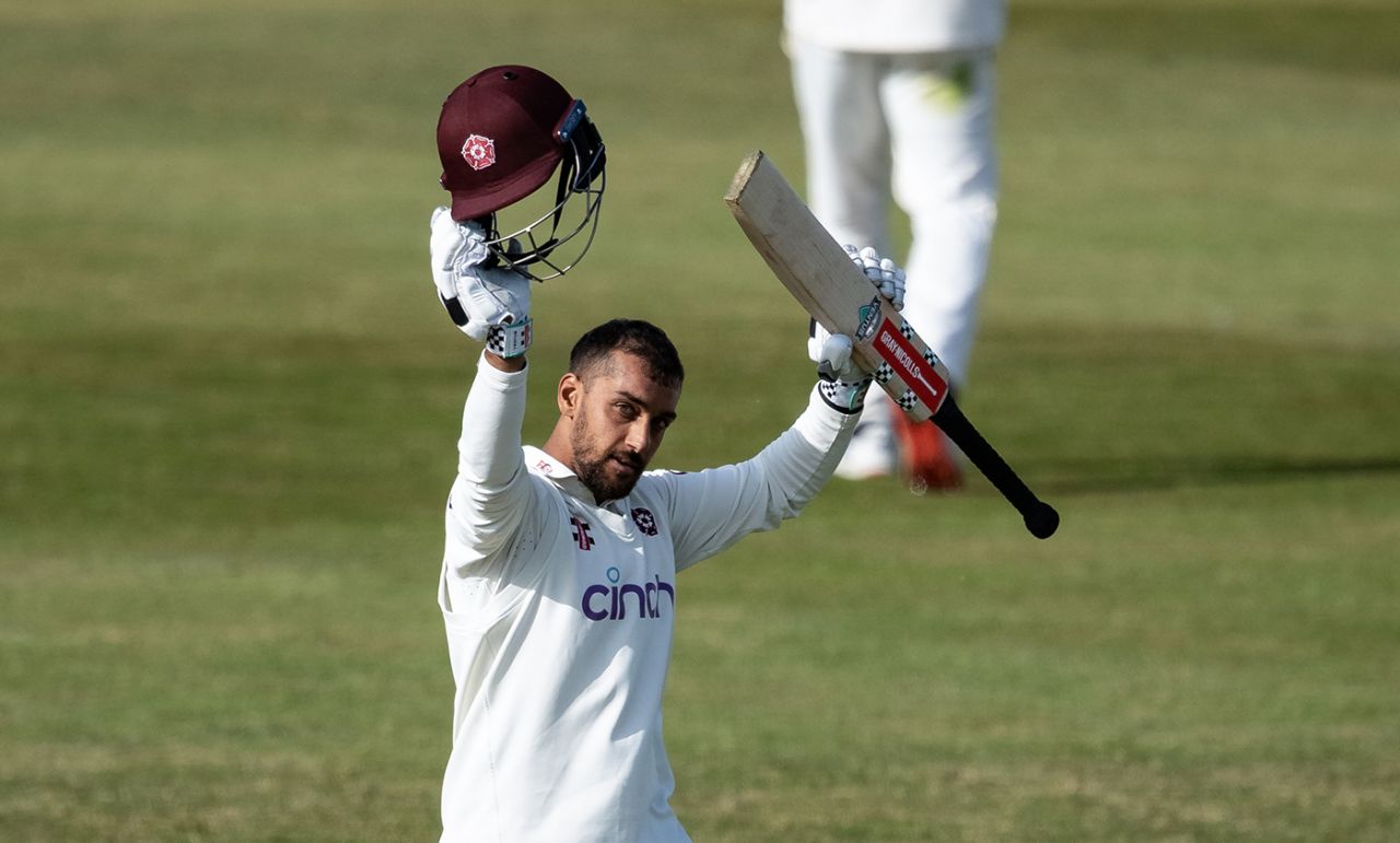 Saif Zaib raises his bat on reaching a century, Northamptonshire vs Gloucestershire, County Championship, Wantage Road, May 23, 2025
