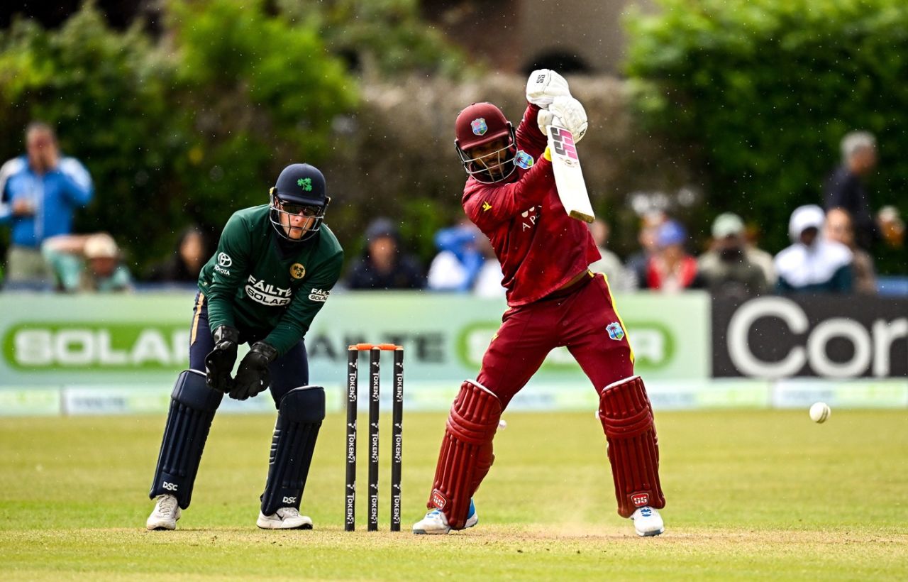 Lorcan Tucker looks on as Shai Hope, who made 75, hits a shot, Ireland vs West Indies, 3rd ODI, Dublin, May 25, 2025