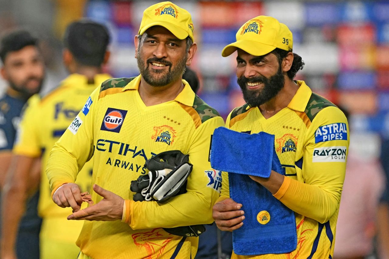 MS Dhoni and Ravindra Jadeja share a light moment after CSK's win, Gujarat Titans vs Chennai Super Kings, IPL, Ahmedabad, May 25, 2025