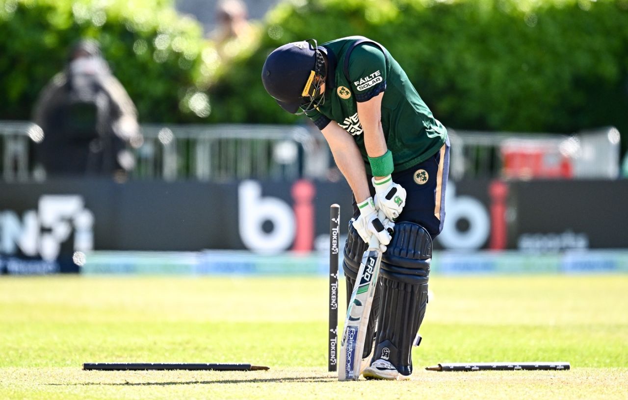 Andy Balbirnie was bowled for 3, Ireland vs West Indies, 3rd ODI, Dublin, May 25, 2025