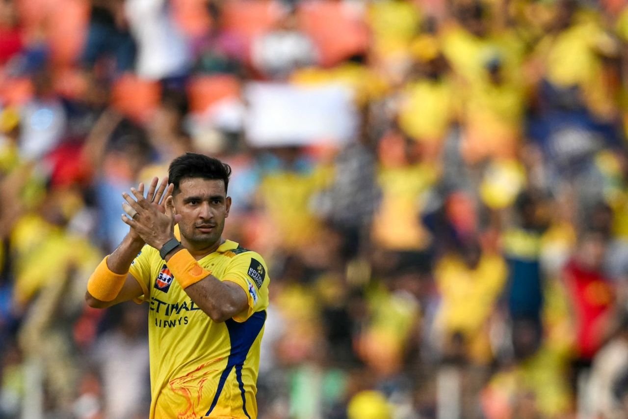 Anshul Kamboj celebrates a wicket, Gujarat Giants vs Chennai Super Kings, IPL 2025, Ahmedabad, May 25, 2025