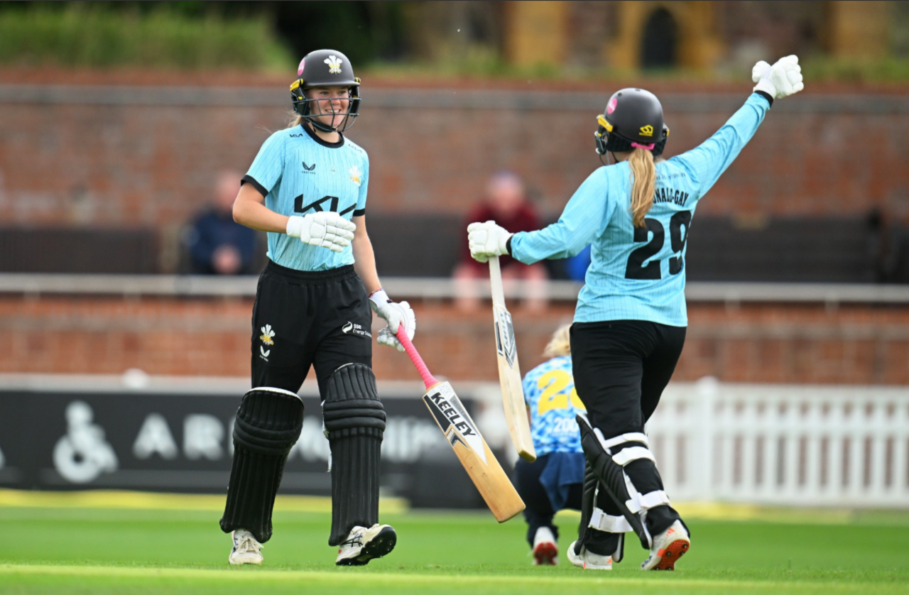 Surrey's Alexa Stonehouse and Ryana MacDonald-Gay celebrate the moment of victory, Surrey vs Warwickshire, T20 Women's County Cup, Taunton, May 26, 2025