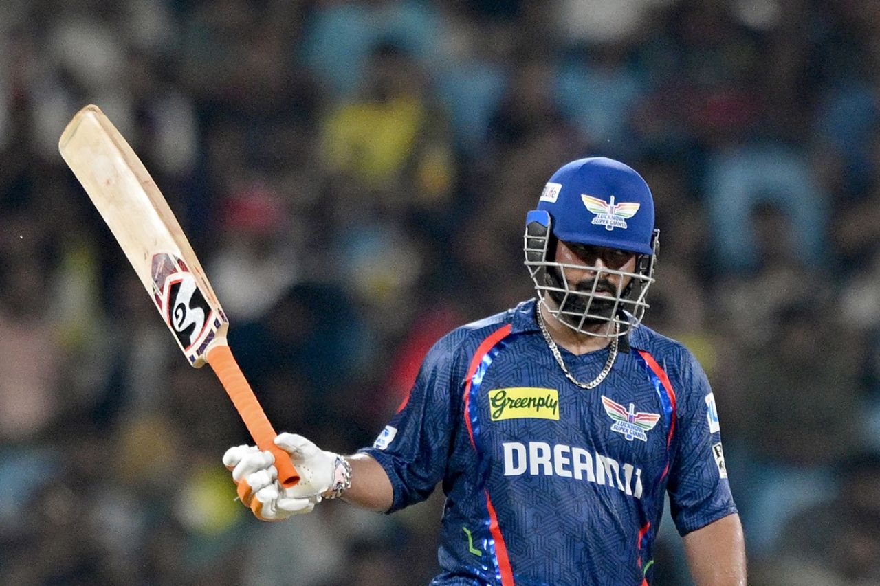 Rishabh Pant raises his bat after getting to a half-century, Lucknow Super Giants vs Royal Challengers Bengaluru, IPL 2025, Lucknow, May 27, 2025