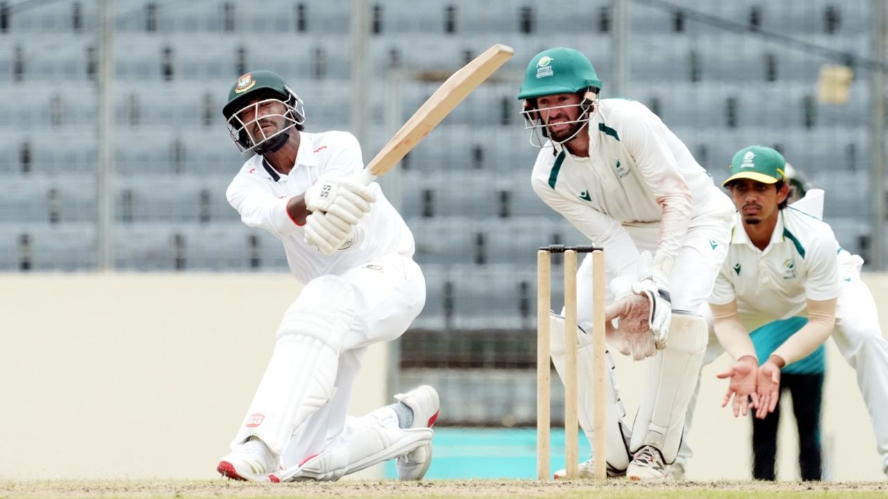 Ripon Mondol plays a shot against South Africa Emerging, Bangladesh Emerging vs South Africa Emerging, 2nd unofficial Test, Mirpur, day 2, May 28, 2025