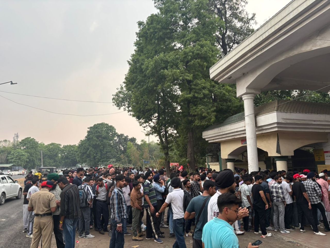 Fans queue up outside the IS Bindra Stadium for playoff tickets, Mohali, May 28, 2025