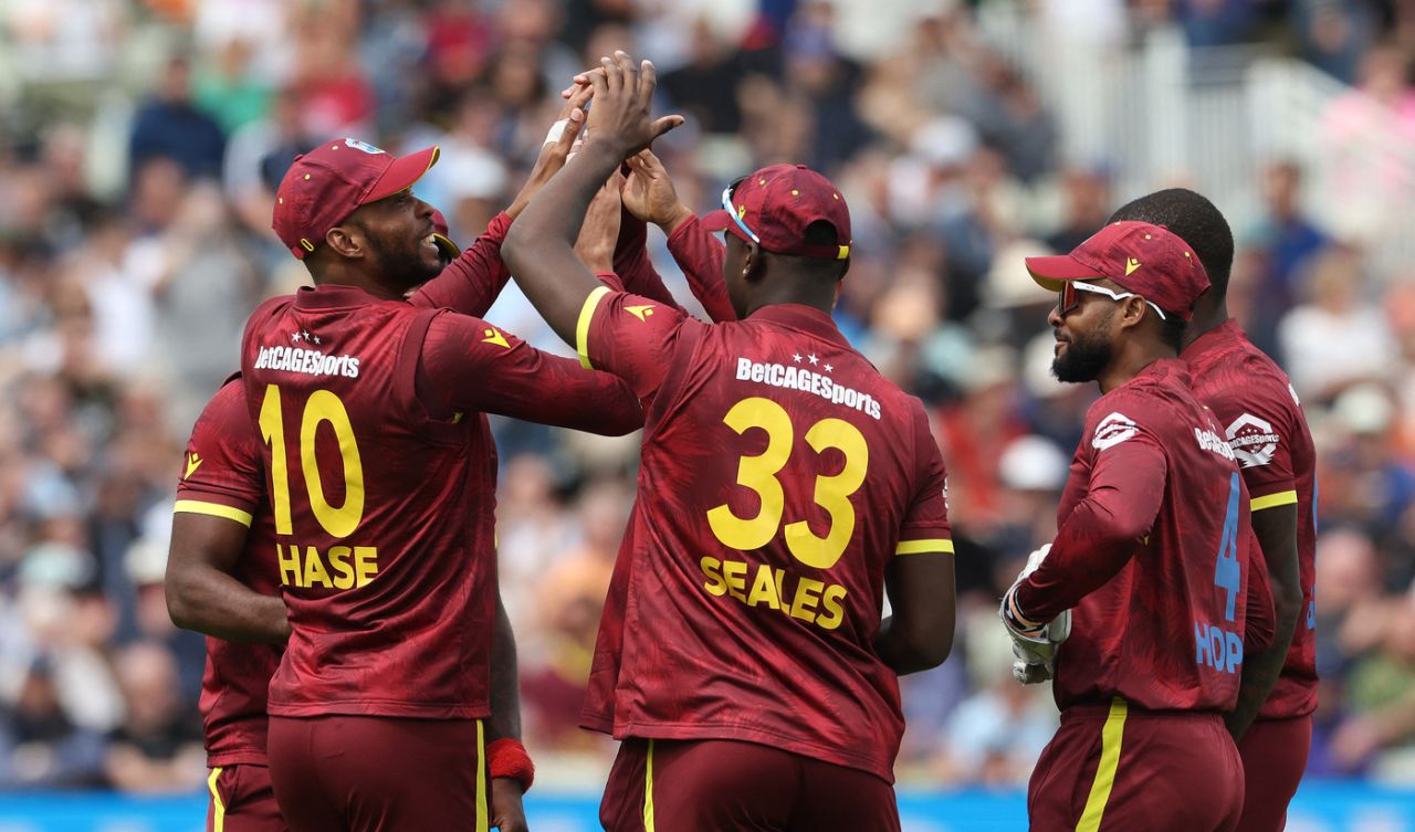Roston Chase celebrates with his team-mates after his catch to dismiss Ben Duckett, England vs West Indies, 1st Men's ODI, Edgbaston, May 29, 2025