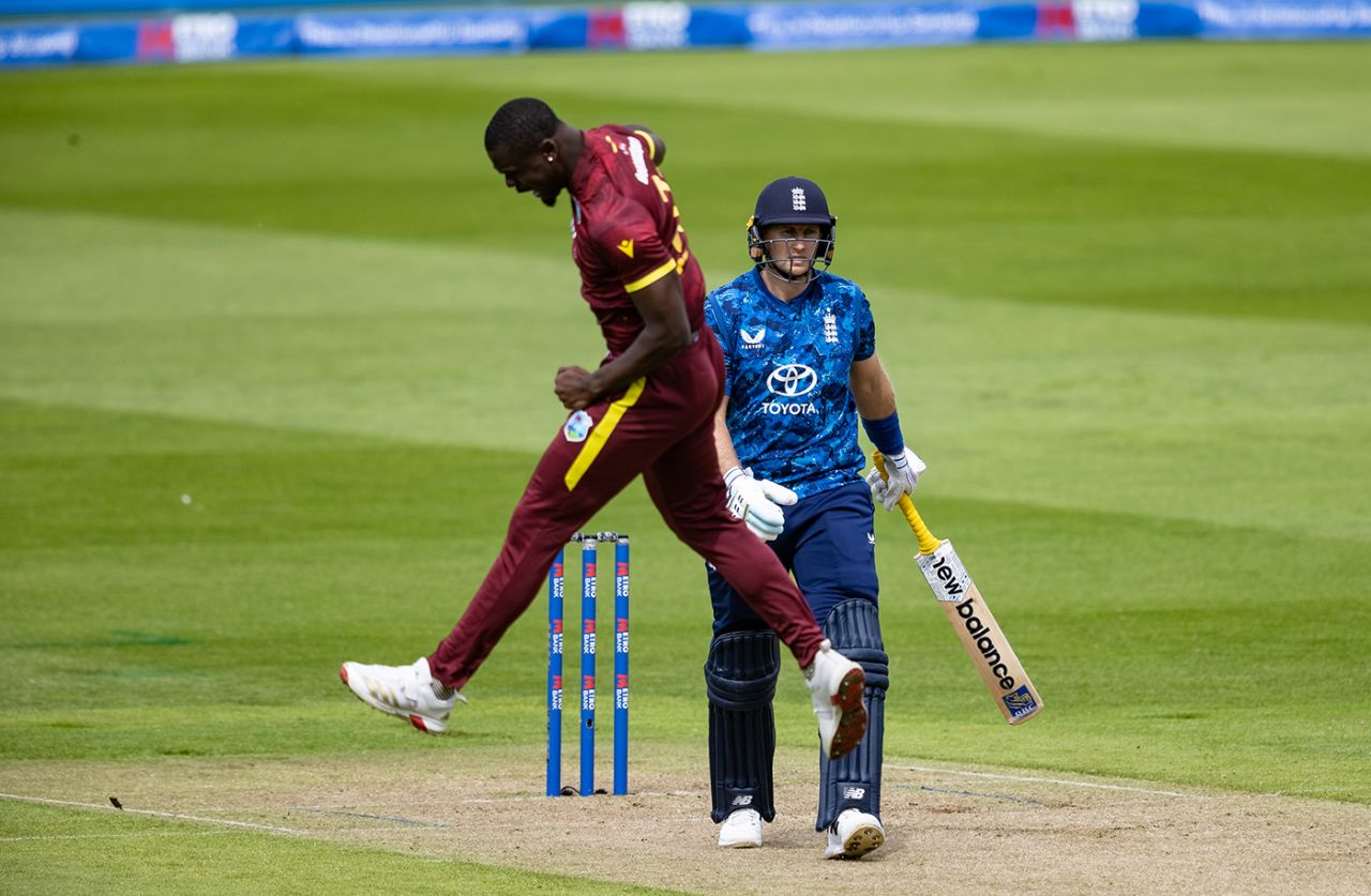 Jayden Seales celebrates after dismissing Joe Root, England vs West Indies, 1st Men's ODI, Edgbaston, May 29, 2025