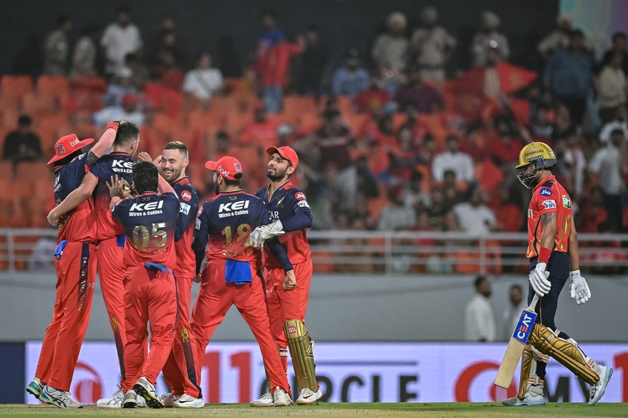 Josh Hazlewood is mobbed as RCB land one blow after another, Punjab Kings vs Royal Challengers Bengaluru, IPL 2025, Qualifier 1, New Chandigarh, May 29, 2025