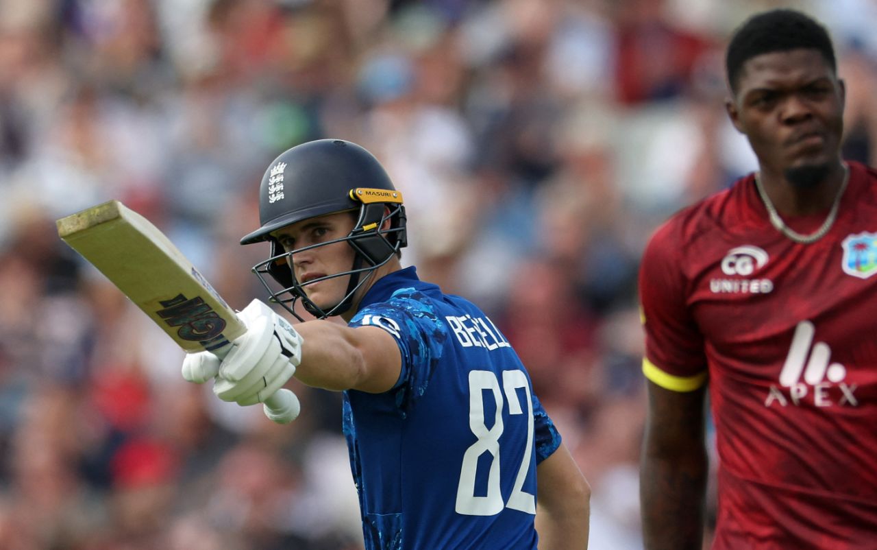 Jacob Bethell salutes the dressing-room after his half-century, England vs West Indies, 1st Men's ODI, Edgbaston, May 29, 2025