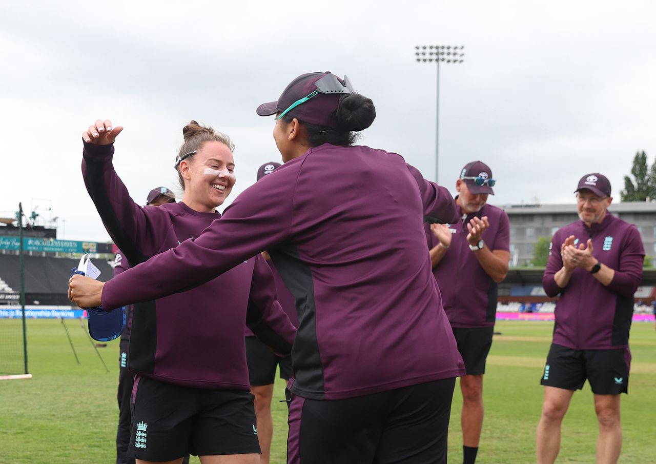 Linsey Smith gets a hug - and her maiden ODI cap - from Sophia Dunkley, England vs West Indies, 1st women's ODI, Derby, May 30, 2025