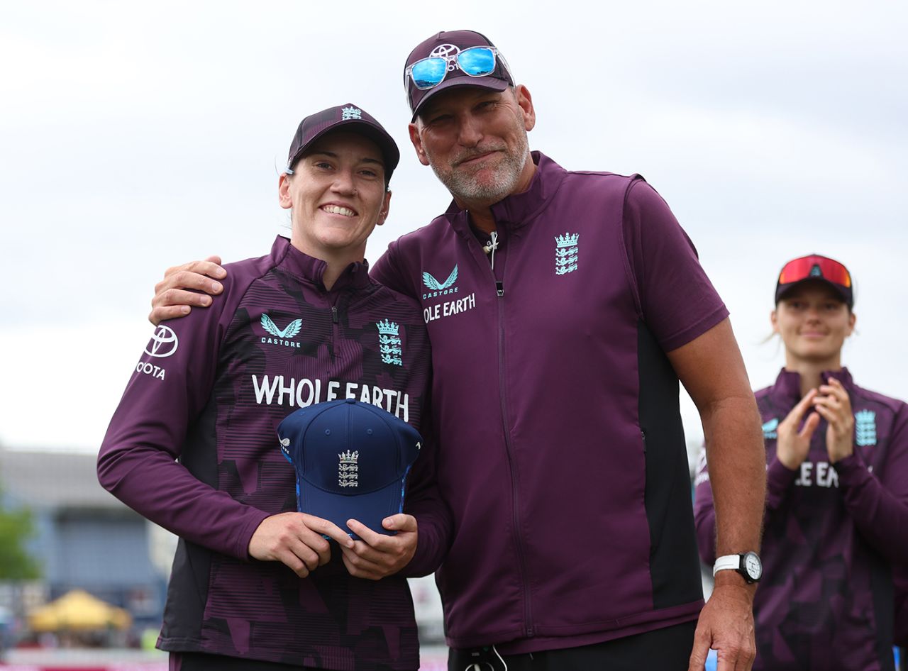 Em Arlott poses with her ODI cap alongside Matt Mason, England vs West Indies, 1st women's ODI, Derby, May 30, 2025