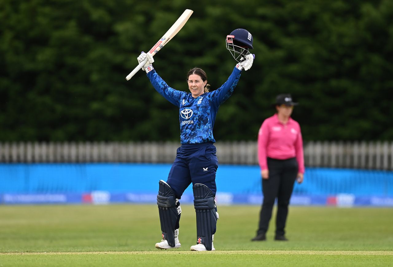 Tammy Beaumont celebrates bringing up three figures, England vs West Indies, 1st women's ODI, Derby, May 30, 2025