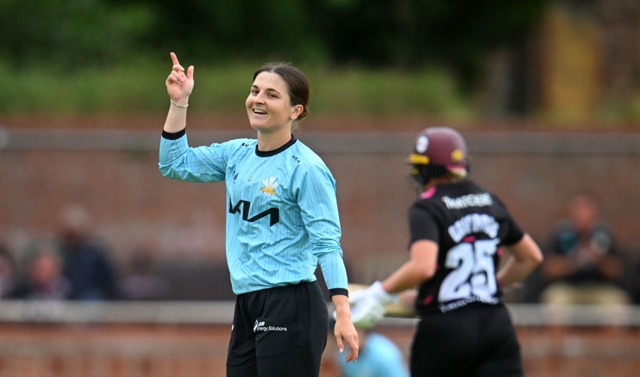 Phoebe Franklin celebrates a breakthrough for Surrey, Somerset vs Surrey, Women's Vitality Blast, Taunton, May 30, 2025
