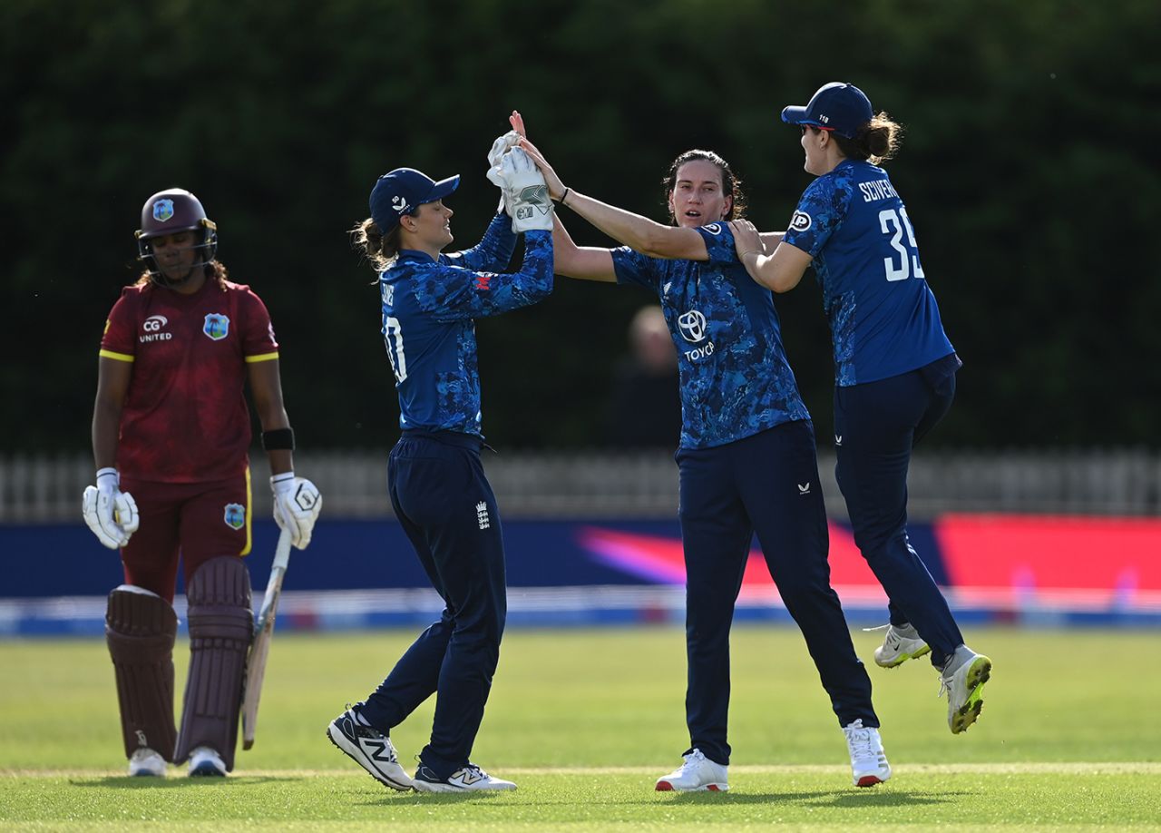 Em Arlott celebrates taking the wicket of Hayley Matthews, England vs West Indies, 1st women's ODI, Derby, May 30, 2025