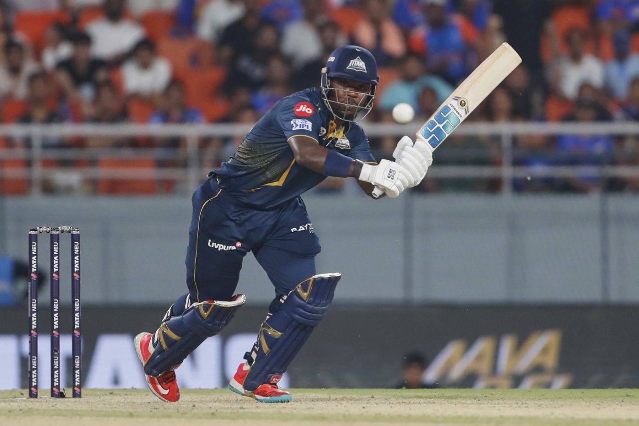 Sherfane Rutherford taps the ball away, Gujarat Titans vs Mumbai Indians, IPL 2025, Eliminator, New Chandigarh, May 30, 2025