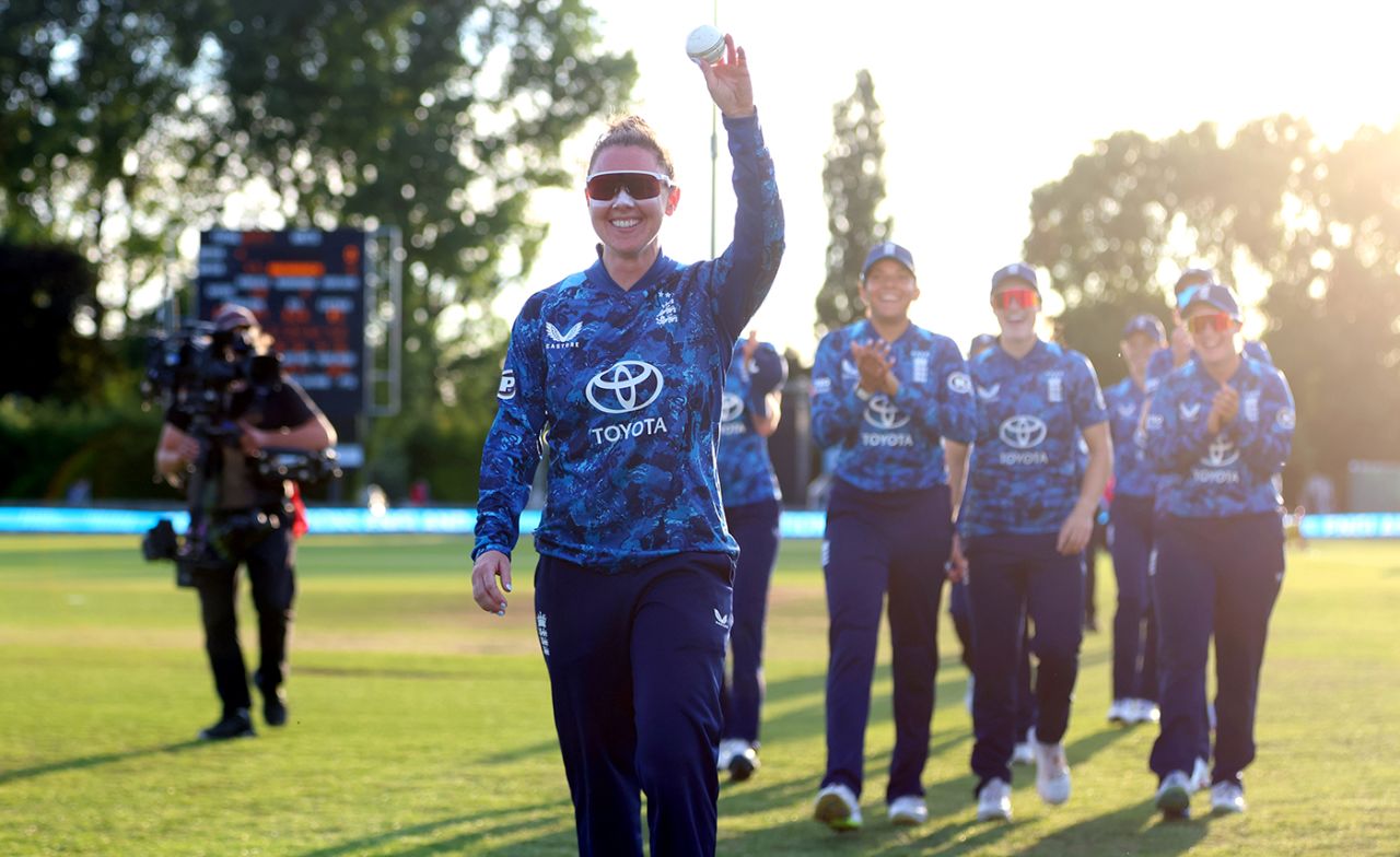 Linsey Smith holds the ball aloft for her five-for, England vs West Indies, 1st women's ODI, Derby, May 30, 2025