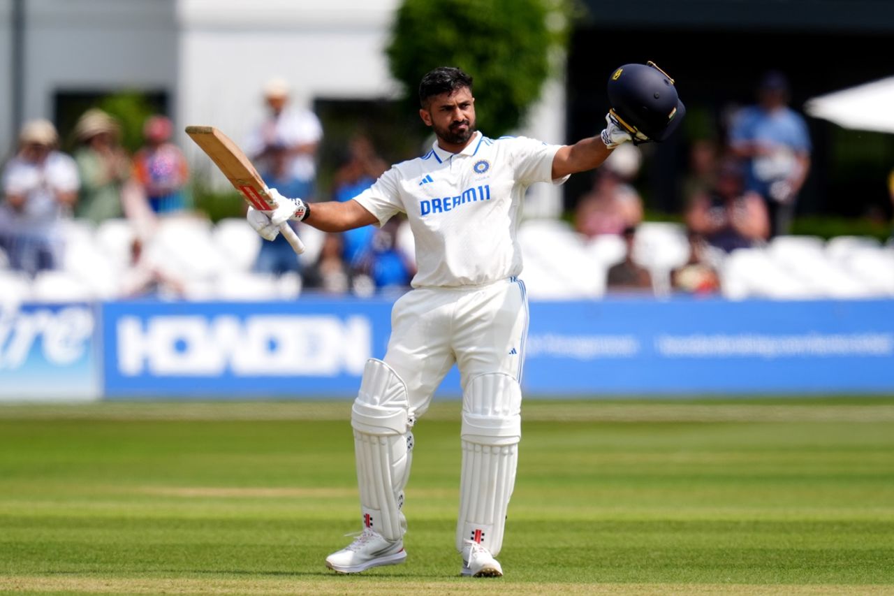Karun Nair celebrates after recording his fourth first-class double-century, England Lions vs India A, 1st unofficial Test, Canterbury, 2nd day, May 31, 2025