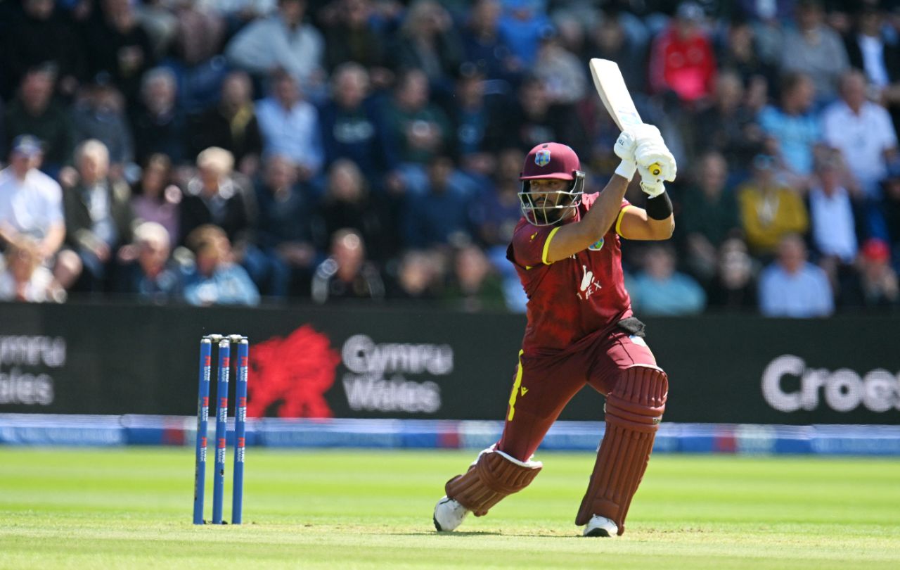 Brandon King drives through the covers, England vs West Indies, 2nd ODI, Cardiff, June 1, 2025