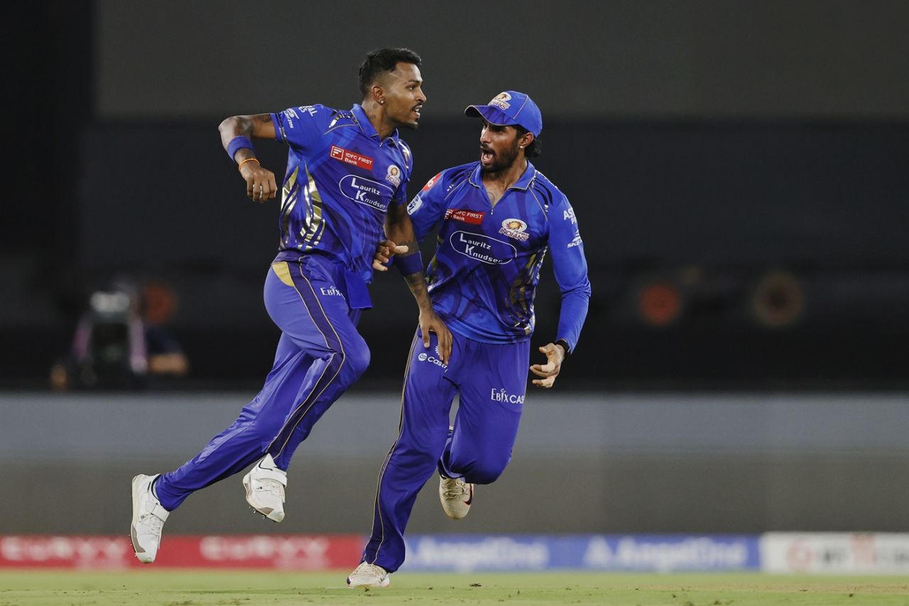 Hardik Pandya and Tilak Varma wheel away in celebration, Punjab Kings vs Mumbai Indians, IPL 2025, Qualifier 2, Ahmedabad, June 1, 2025