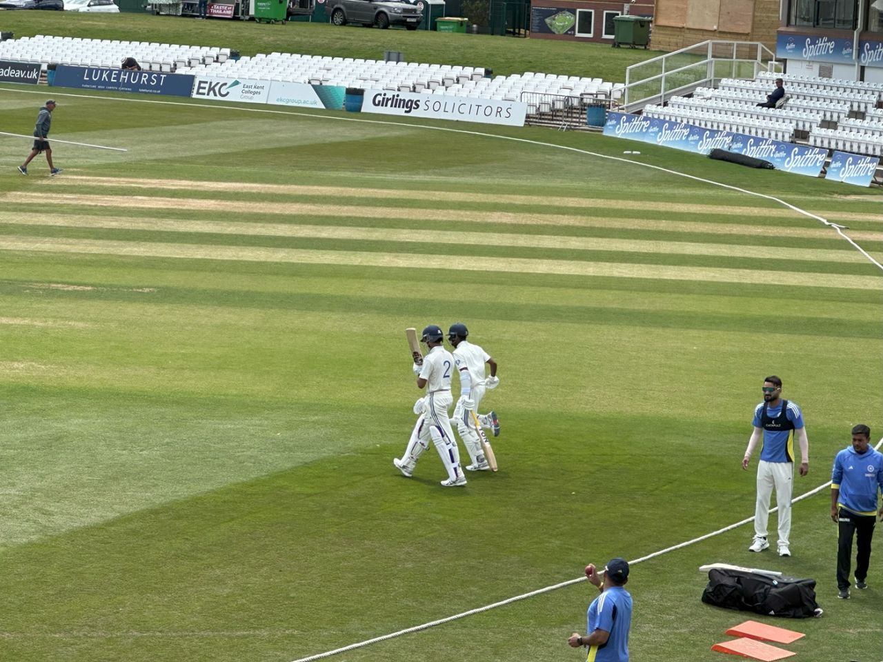 Yashasvi Jaiswal and Abhimanyu Easwaran walk in to bat, England Lions vs India A, 1st unofficial Test, Canterbury, 3rd day, June 1, 2025